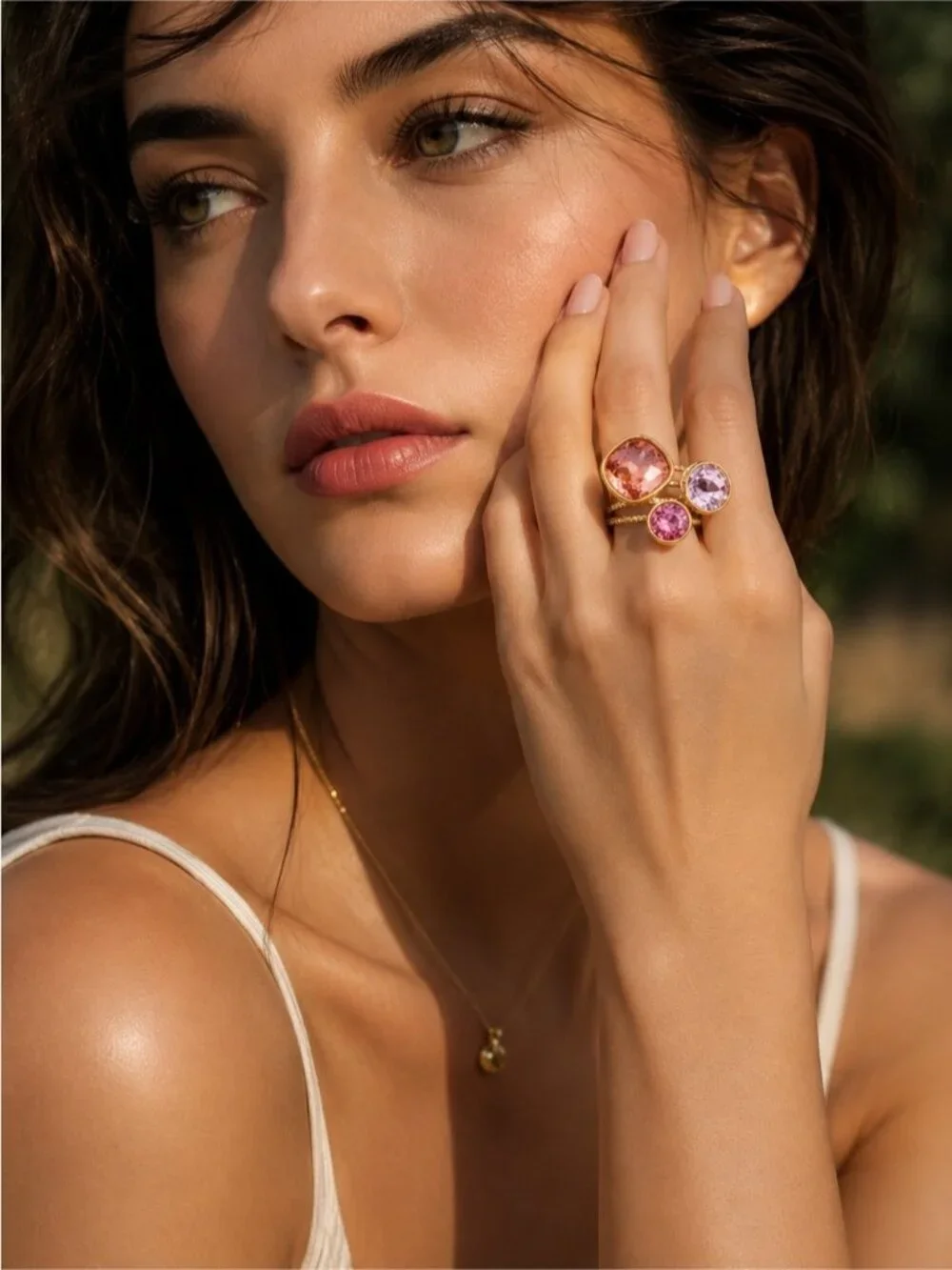 18 K Gold plated Stackable Ring Set with Peach, Lavender and Rose Stones